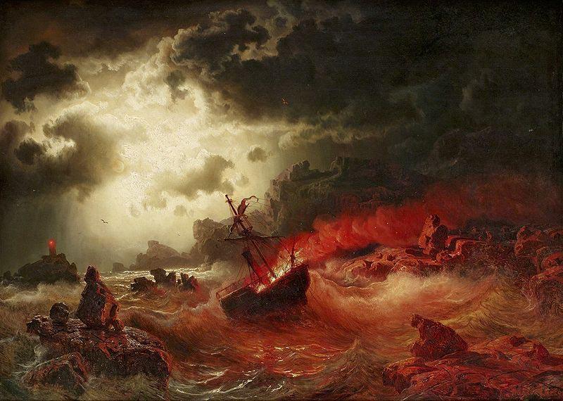 marcus larson Nattlig marin med brinnande fartyg Norge oil painting art